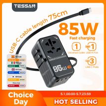 TESSAN 85W 35W GaN Universal Travel Adapter Type C Fast Charging International Adapter with Retractable USB C for UK EU US AUS