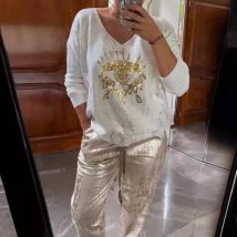 Autumn New 2 Piece Set Fashion V-neck Long Sleeved Sequin Pullover Top Lace Up Straight Trousers Suit Casual Women's Clothing