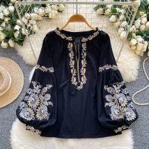 Artistic Retro Embroidery Ethnic Style Blouse for Women in Spring Autumn Loose Casual Lantern Sleeves Lace Up Top Trendy D79
