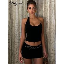 Dulzura Sexy 2-teiliges Rock-Set für Damen mit Kette, ärmelloses Neckholder-Crop-Top, figurbetonter Minirock, passendes Set, Party, Club, Herbst