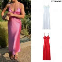 Damenbekleidung 2024, Sommer, neuer Strandstil, modisches Temperament, elegante Satin-Textur, gerüschtes Sling-Midikleid 3573/331