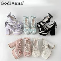 Süße Mädchen Original Lolita Schleife Spitze High Heels japanische Cross Strap vielseitige wasserdichte Tisch Mary Jane Damen Einzelschuhe