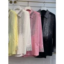 Luxus Marke Design Bling Pailletten 100 % Baumwolle Lange Blusen Shirts Frauen 2025 Trend Lose Beiläufige Party Top Koreanische Beliebte Kleidung
