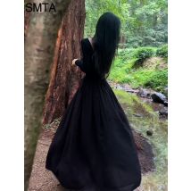 Smta vintage französisch schwarz schulter frei Abendkleider für Frauen Langarm Slash Neck elegantes Falten kleid Herbst Winter 2024