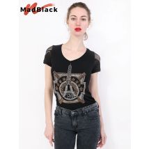 MadBlack Sommer Koreanische Kleidung T-Shirt Mode Shiny Diamanten Eiffelturm Frauen Tops Nylon Sexy Back Hemd Tees 2022 Neue T04817