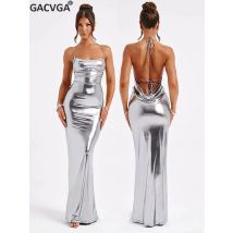 GACVGA 2025, sexy ärmelloses Metall-Maxikleid für Frauen, elegantes, rückenfreies, figurbetontes Club-Party-Abend-langes Kleid mit Schnürung