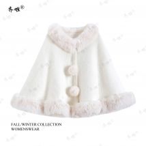Süße Lolita-Umhang-Strickjacke mit künstlichem Nerz-Pelzkragen und Bommel für Damen, warmer Wintermantel, Schal, süßer Kawaii-Oberbekleidungsmantel