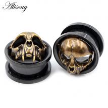 Alisouy 2PCS Black Stainless Steel Skull Skeleton Ear Plugs Tunnels Expander Stretchers Gauges Earrings Piercing Body Jewelry