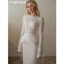 Verträumtes, perlenbesetztes Meerjungfrau-Hochzeitskleid aus Spitze, bescheidenes Oneck-Langarm-Brautkleid, maßgeschneiderte elfenbeinfarbene, elegante Kleider für die Braut