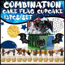 Cupcake-Kuchenaufsatz zum Thema „How to Train Your Dragon“, mit Cartoon-Motiv, Flagge, glitzernde Picks für Geburtstag, Babyparty, Party, Kuchendekorationen
