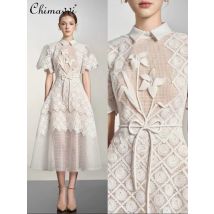 Frühling 2024 elegante Spitzens tickerei hohle 3d Blume Schnür kragen Kurzarm Kurzarm A-Linie Kleid mit hoher Taille für Frauen