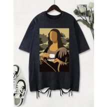 Die Mona Lisa ohne Gesicht druckt gewaschene T-Shirts Frauen Baumwolle Tops bequeme O-Ausschnitt Oversize T-Shirts Sommer Frau Kleidung