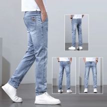Men Spring Summer Basic Style Print Jeans Male Elasticity Loose Straight Denim Pants Versatile Slim Fit Breathable Trousers