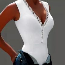 Neue Mode Sommer lässig sexy Kontrast Spitze ärmellose Tank Bodysuit Top weibliche Kleidung Outfits