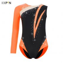Niños Niñas gimnasia patinaje artístico danza leotardo asimétrico manga larga cuello redondo brillante diamantes de imitación Color bloque mono