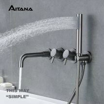 Einfacher Luxus-Badezimmerhahn aus grauem Messing in Gun-Grau mit Wanddesign und einem Doppelgriff-Badewannenmischer für heißes und kaltes Wasser