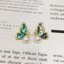 ZHBORUINI 2024 New Natural Freshwater Pearl Earrings Female Colorful Abalone Shell Butterfly 14K Gold-Plated S925 Silver Needle