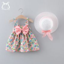 2 Teile/satz Sommer Zarte Baby Mädchen Kleid Süße Blumen Bogen 0-3 Y Kleinkind Strand Kleider Kinder Kostüm Nette kinder Kleidung + Hut