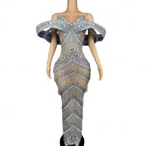 Abito sexy con strass glitterati dorati Abito da festa con spalle scoperte Abito lungo da sera Gogo Clubwear Cantante Stage Photoshoot Stage Wear