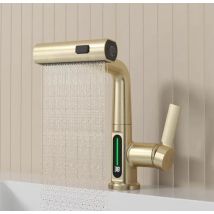 Gebürstetes Gold Temperatur Digitalanzeige Waschtischarmaturen Lift Up Down Stream Sprayer Heißes Kaltes Wasser Wassermischer Waschtischhahn