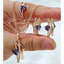 Kinel Hot Shiny Purple Natural Zircon Ring Earrings Necklace For Women Fashion 585 Rose Gold Color Wedding Vintage Jewelry Sets