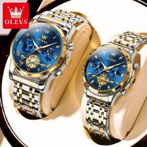 OLEVS, relojes de pareja de marca de lujo, reloj de cuarzo de acero inoxidable luminoso resistente al agua, conjunto para amantes de la moda con fase lunar para él y para ella