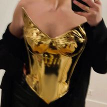 Glänzendes Gold Silber Leder Tunika Top sexy Jazz fliegende Weste Frauen Pole Dance Kostüm Nachtclub DJ DS Stage Rave Outfits xs6245