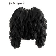 TWOTWINSTYLE Vintage Patchwork Ruffle Shirt For Women O Neck Lantern Long Sleeve Solid Elegant Blouse Female Fashion New Style