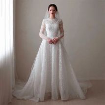 Glitzerndes Hochzeitskleid aus Organza mit Stickerei, A-Linie, Ballkleid, Stehkragen, volle Ärmel, individuelles Brautkleid, Vestido De Novia