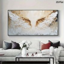 Rahmenlose moderne goldene Engelsflügel-Leinwand-Wandkunst – goldenes und weißes Flügel-Design, hochwertiger Druck, flaches, zeitgenössisches 2D-Dekor