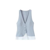Damenmode, gestreift, Patchwork-Weste, ärmellos, V-Ausschnitt, Weste, schicke Oberbekleidung, vorderer Knopf, schicke Weste, Tops