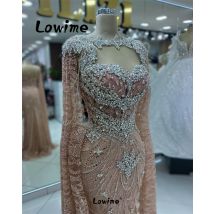 Dubai Arabisch Rosa Abendkleid Umhang Ärmel lange Luxus Ballkleider maßge schneiderte Plus Size Meerjungfrau Party kleider für Hochzeiten Robe