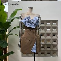 Französischer Stil, elegant, 3D-Blumenmuster, gestreift, ärmellos, zweireihig, hohe Taille, schlank, sexy, Geburtstagsfeier, Minikleid für Damen