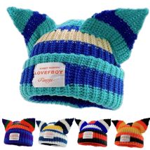 Heißer Verkauf Frauen Y2K Stil Winter Beanie Hut Im Freien Mehrfarbige Katze Ohr Lose Stricken Hut Dicke Warme Alle-Spiel gestrickte Hut Mit Ohr