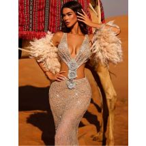 Frauen sexy V-Ausschnitt aus geschnitten Blume Mesh Pailletten funkelnd Silber Maxi langes Kleid elegante Party Abend Outfit Vestido