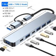 USB C Hub USB Hub 3.0, Aluminium 7-in-1 USB Extender, USB Splitter mit 1 x USB 3.0, 4 x USB 2.0 und 2 x USB C Ports