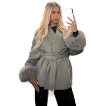 2025Autumn and Winter New Woolen Coat Short Coat，Fuzzy Loop CuffsVSolid Color Tie Collar，Women's Coat