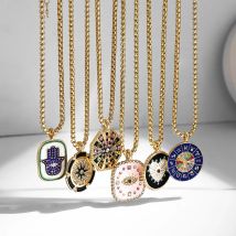 Niedliche Augen Herz Palm Sternzeichen Halskette für Frauen Doppelseitige Emaille Stern Anhänger Kragen Gold Farbe Edelstahl Kette