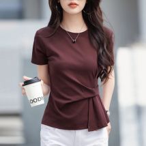 Weinrotes Kurzarm-T-Shirt für Damen im Sommer, neue High-End-Baumwollmode in Übergröße, unregelmäßiges Rundhals-Freizeitoberteil