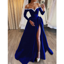 A-Linie Abendkleid, schwarzes Kleid, formelle Maskerade, Sweep-Zug, lange Ärmel, schulterfrei, Satin, Perlen, Schlitz, 2025, kostenlos individuell gestaltet