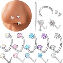 6/2 Stück Hufeisen-Nasenringe mit L-förmigem Nasenstecker, Edelstahl-Nasenring mit Regenbogen-CZ, Lippen-Augenbrauen-Helix-Ohrpiercing