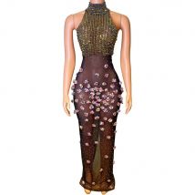 Funkelndes Strass-Blumen-langes Kleid für Damen, sexy, durchsichtig, Geburtstag, Feiern, Hochzeit, Abend, Abschlussball, Fotoshooting