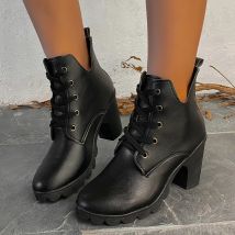 Sexy Lace Up Heel Stiefeletten Frauen Herbst Mode Schwarz Runde Kappe Chelsea Stiefel Chunky Plattform frauen Stiefel