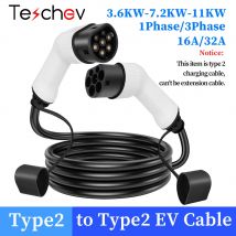 Teschev 32A 7KW Tipo 2 a Tipo 2 Cable de carga EV 11kW 16A Modo trifásico 3 IEC 62196-2 Cable EV para EV y PHEV en la estación pública