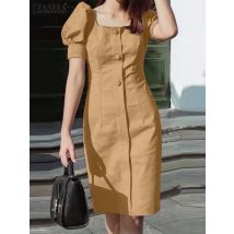 ZANZEA Square Collar Puff Sleeve Sheath Dress Classy Sexy 2024 New Women Fashion Party Vestidos Summer Solid Elegant Mini Dress