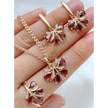 Kinel 585 Rose Gold Color Ethnic Vintage Women 3pcs Jewelry Sets Shiny Red Natural Zircon Ring Earrings Necklace Daily Jewelry