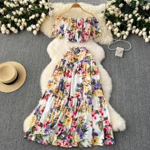 Sommerferien Blume zweiteilig Set Frauen sexy schulter frei kurze Ernte Tops Blumen druck langen Rock Anzug Outfits 638
