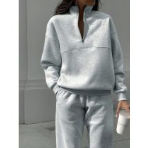 FSMG Casual Half High Neck Tracksuit Solid Long Sleeve Zippers Pullovers+Elastic Waist Pant 2 Piece Set Female Sport Outifits