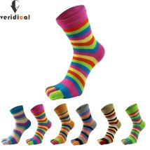 Regenbogen 5-Finger-Kurzsocken für Damen, Baumwolle, gestreift, bunt, modisch, schweißabsorbierend, fröhliche Zehensocken, Harajuku, 4 Jahreszeiten