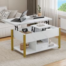 YITAHOME Mesa de centro elevable de mármol blanco 4 en 1 con cajones de almacenamiento se convierte en mesa de comedor para sala de estar